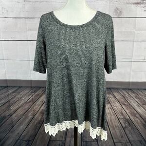 Pure White Top Shirt Womens Large Gray Lace Crochet Stretch Basic Casual